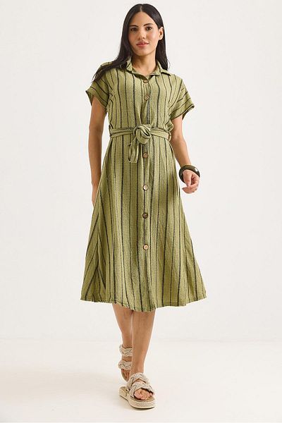Raneel Kazançlı Alışveriş Stone Belted Striped Mini Shirt Dress Green