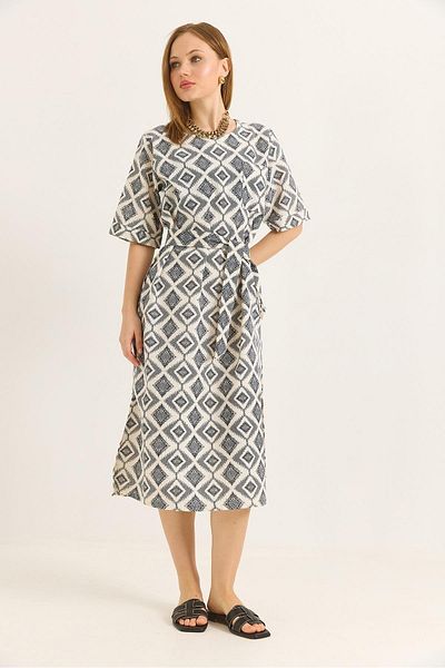 Raneel Kazançlı Alışveriş Ccepli Belt Detailed Slit Woven Linen Dress Gray