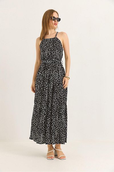 Raneel Kazançlı Alışveriş Halter Neckline Waist Belted Polka Dot Black Dress