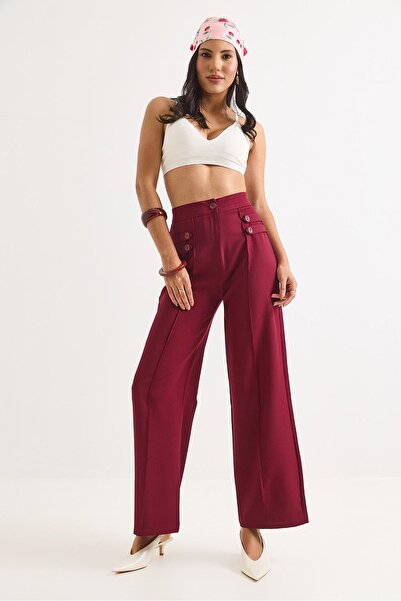 Raneel Kazançlı Alışveriş Button Detailed High Waist Wide Leg Trousers Burgundy