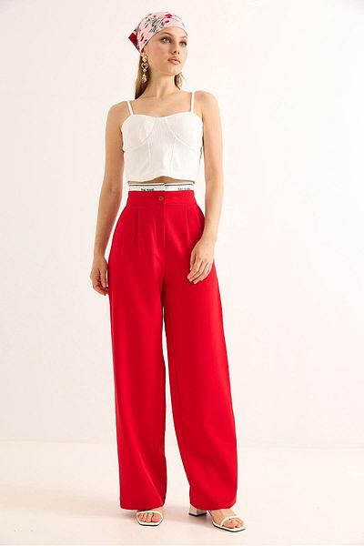 Raneel Kazançlı Alışveriş Wide Leg Belt Garnished Palazzo Trousers Red