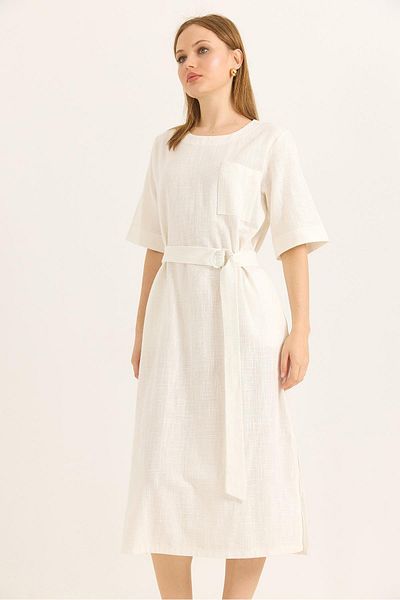 Raneel Kazançlı Alışveriş Pocket Belt Detailed Slit Woven Linen Dress White