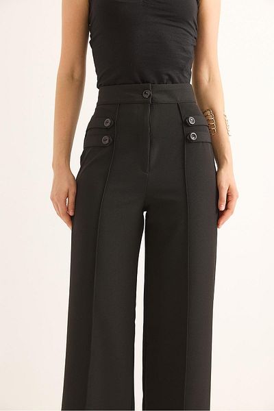 Raneel Kazançlı Alışveriş Button Detailed High Waist Wide Leg Trousers Black