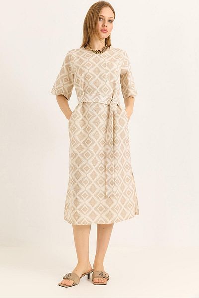Raneel Kazançlı Alışveriş Slit Woven Linen Dress with Belt Detail and Pockets Mink