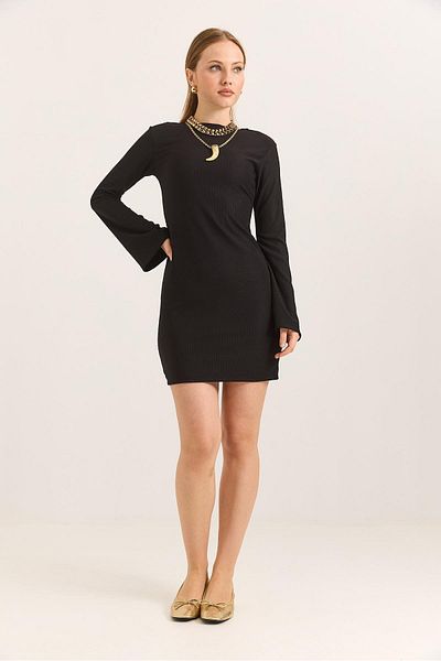 Raneel Kazançlı Alışveriş Turtleneck Backless Spaghetti Sleeve Black Dress