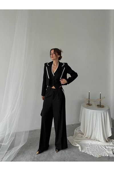 BUTİK ELAJ Women's Guipure Embroidered Polyviscon Black Jacket Vest Pants Suit
