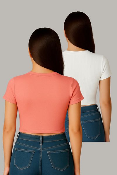Seamoda Double Pack Crew Neck Short Sleeve Crop Rib Tshirt Salmon-Broken White