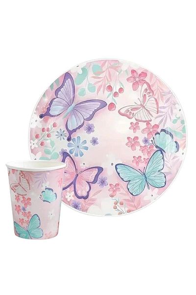 Le Mabelle Pink Butterfly Patterned Set of 8 Plates and Cups