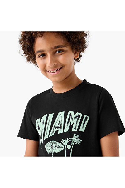 Juniors Miami Print T-shirt with Short Sleeves and Crew Neck