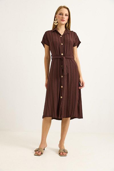 Raneel Kazançlı Alışveriş Stone Belted Striped Mini Shirt Dress Brown