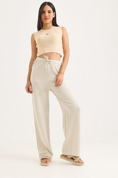 Raneel Kazançlı Alışveriş Waist-Tie Wide Leg Line Patterned Trousers Mink