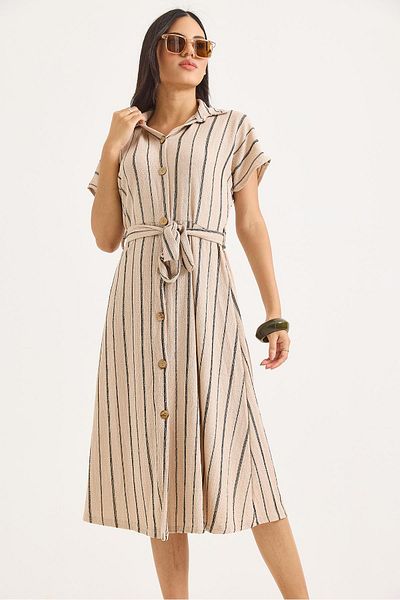 Raneel Kazançlı Alışveriş Stone Belted Striped Mini Shirt Dress Mink