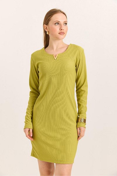 Raneel Kazançlı Alışveriş V Neck Long Sleeve Mini Ribbed Knitted Dress with Metal Accessories Fat Green