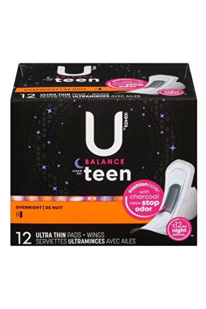 Kotex U By Kotex Ultra Thin Teen Pads with Wings, Overnight Protection, Unscented - 12 Pads