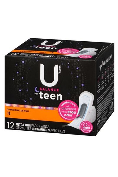 Kotex U By Kotex Ultra Thin Teen Pads with Wings, Overnight Protection, Unscented - 12 Pads