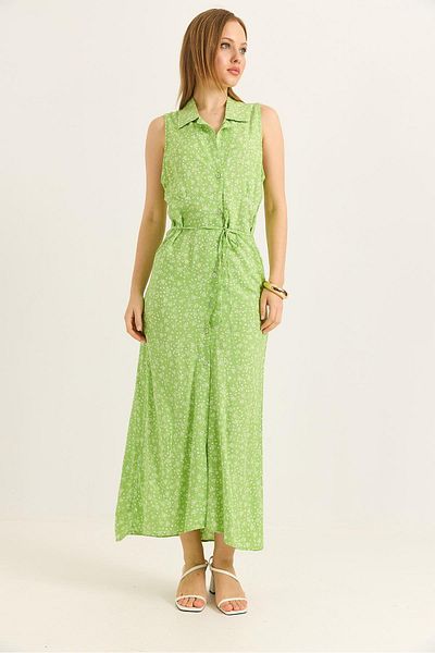 Raneel Kazançlı Alışveriş Buttoned Thick Strap Slit Long Shirt Dress Green