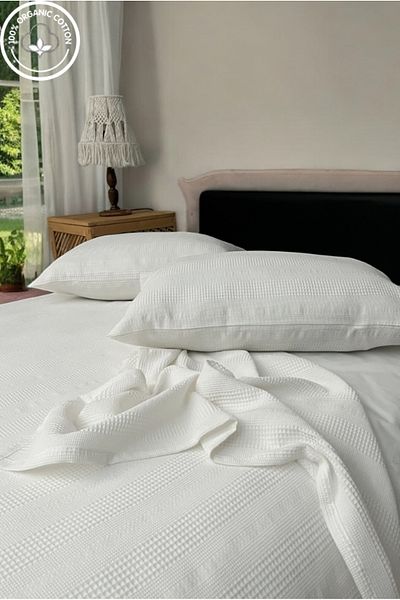VESSİNOHOME 100% Cotton Pique Set 1 Breathable Pique + 2 Soft Pillowcases, Anti-Sweat, Stylish Design
