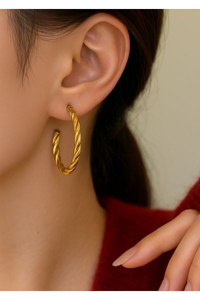 BY YASİN TOPÇU Gold Colored Twist Patterned Steel Hoop Earrings