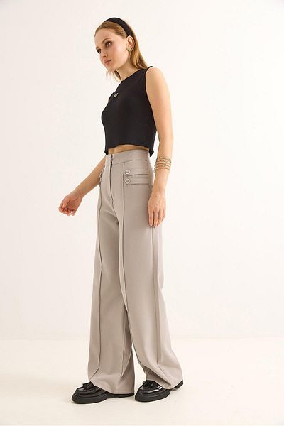 Raneel Kazançlı Alışveriş Button Detailed High Waist Wide Leg Trousers Gray
