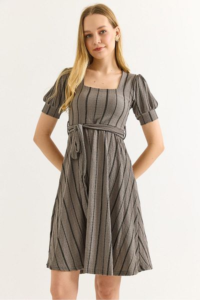 Raneel Kazançlı Alışveriş Square Collar Wrinkle Fabric Midi Length Smoked Dress with Belt