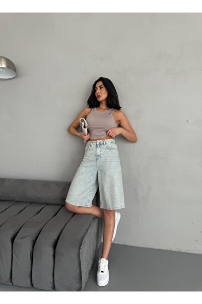 Zeo Basic KADIN MİDİ BOY AÇIK TİNT KOT RENGİ ŞORT