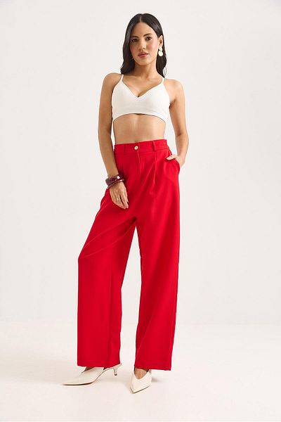 Raneel Kazançlı Alışveriş High Waist Wide Leg Trousers Red