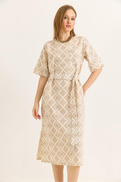 Raneel Kazançlı Alışveriş Slit Woven Linen Dress with Belt Detail and Pockets Mink