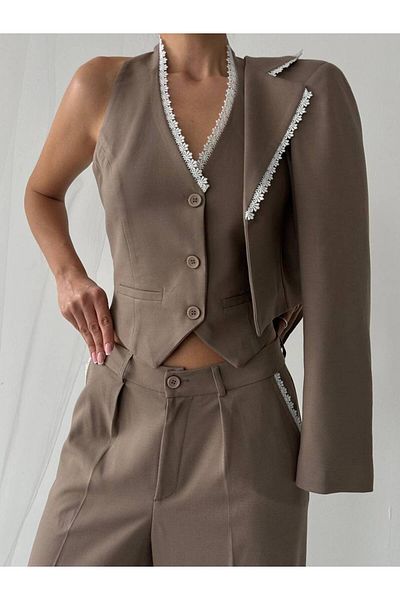 BUTİK ELAJ Women's Guipure Embroidered Polyviscon Brown Jacket Vest Pants Suit