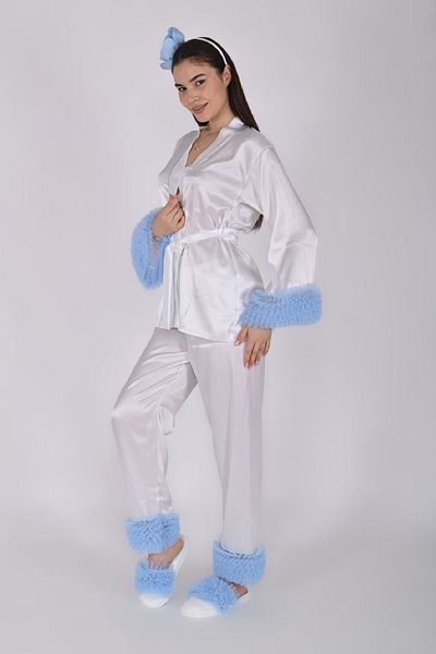 Nana & Mayka Moda White Satin Maternity Set - Pajama Set - Crown, Slippers - 4 Pieces - Blue 3425