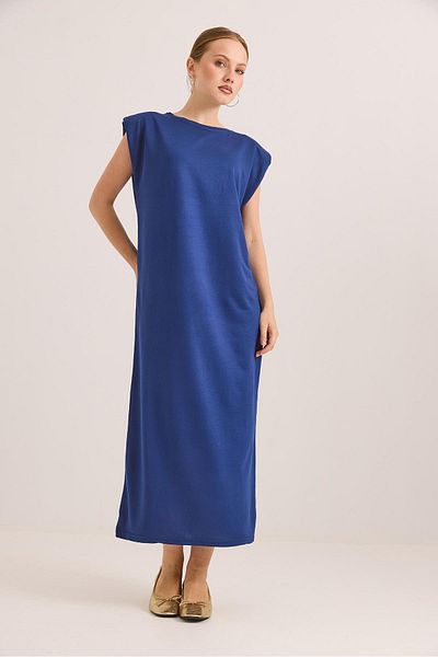 Raneel Kazançlı Alışveriş Crew Neck Shoulder Padded Knitted Dress Navy Blue