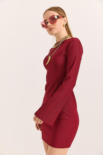 Raneel Kazançlı Alışveriş Turtleneck Backless Spaghetti Sleeve Burgundy Dress