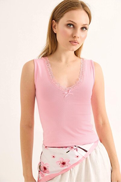 Raneel Kazançlı Alışveriş Lace Detailed Sleeveless Ball Blouse Pink