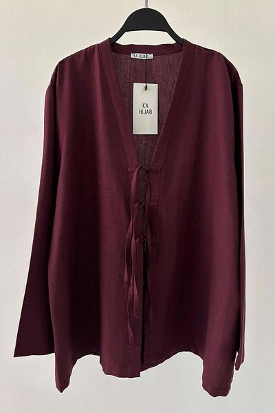 Ka Hijab Front Tie Linen Jacket - Claret Red