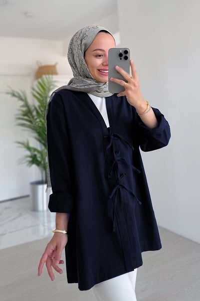 Ka Hijab Μπροστινό δεμένο λινό μπουφάν - Navy Blue