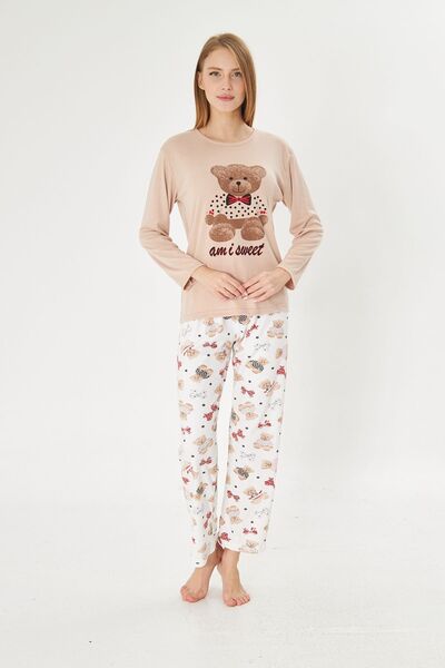 Pajama Shop Γυναικείο σετ πιτζάμες από 100% βαμβακερό ύφασμα, γαλακτώδες καφέ, με σχέδιο αρκουδάκι, μακρυμάνικο, με λαιμόκοψη