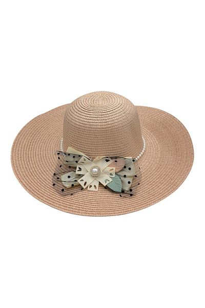 BaoBao Women's summer hat with wide brim, decorative bow and pearls - elegant and refined style