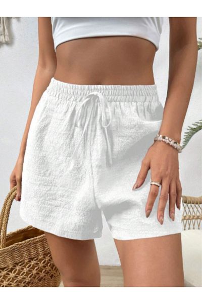 HEREN BUTİK High Waist Comfortable Fit Shorts for Women with Color Options – White Linen Blend Elastic Home Beach Shorts
