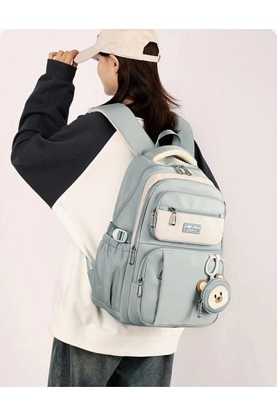 Adalinhome Rucsac de școală cu mai multe compartimente cu accesoriu drăguț de ursuleț