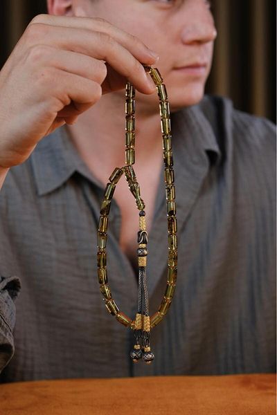 dergah tesbih Silver Kazaz Design Native Master Handcrafted Fossilized Dominican Drop Amber Prayer Beads (Amber), (مسبحة قطر