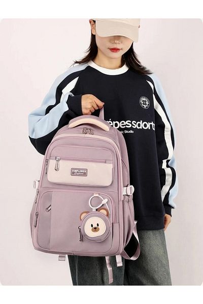 Adalinhome Rucsac de școală cu mai multe compartimente cu accesoriu drăguț de ursuleț