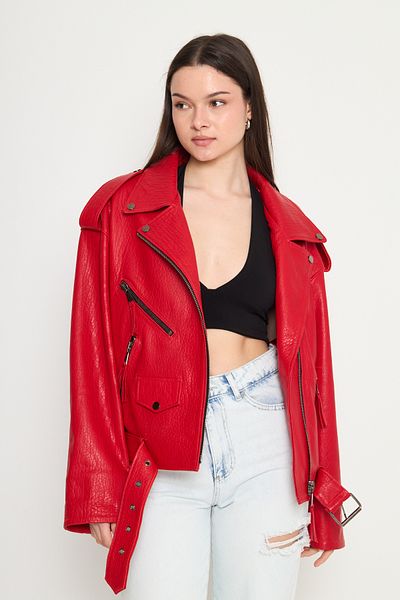 By Marki Marki Women's Genuine Jumbo Leather Jacket – Biker Style, Belted, Oversized, Epaulettes, 65 Cm, Red - 116622X