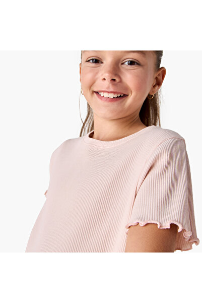 Juniors Ribbed Crew Neck T-shirt with Lettuce Hem