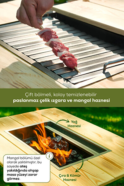 Vienev Katlanabilir Kamp Masası Ahşap Mangal Izgarası | 6'lı Kamp & Piknik Poşeti Seti