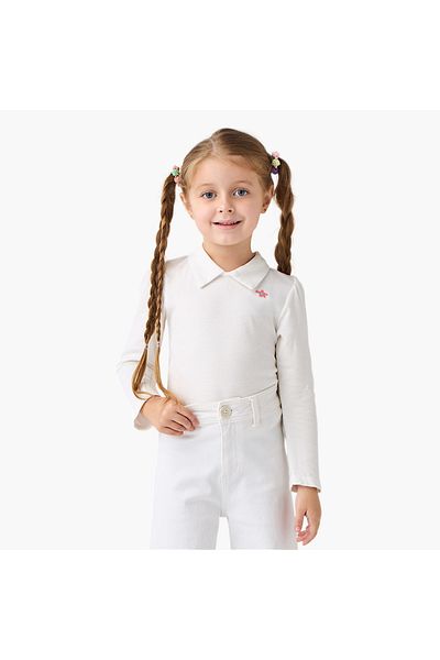 Juniors Floral Embroidered T-shirt with Collar and Long Sleeves