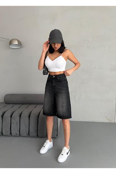 Zeo Basic Women's Midi Black Jeans Bermuda Shorts