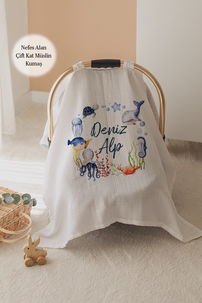 Lilabio %100 Pamuk İsme Özel Çift Katlı Müslin Puset Örtüsü - Deniz Canlıları