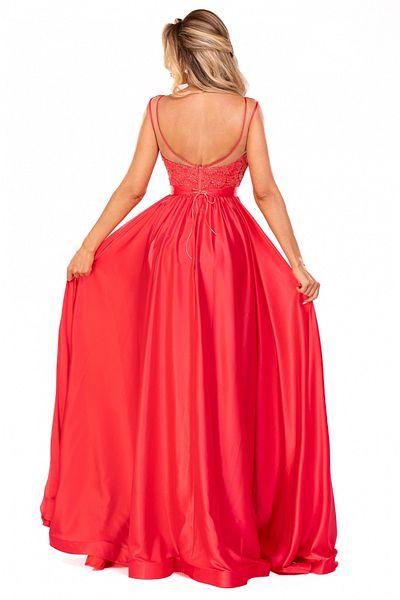 Atmosphere Fashion Long coral dress with lace at the bust