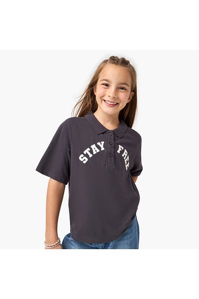 Juniors Typographic Print Polo T-shirt with Short Sleeves