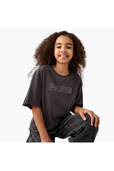 Juniors Embellished Crew Neck T-shirt with Lettuce Hem