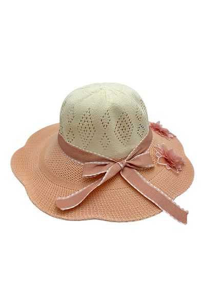 BaoBao Women's summer hat with wavy brim, bow and applied flowers - delicate design